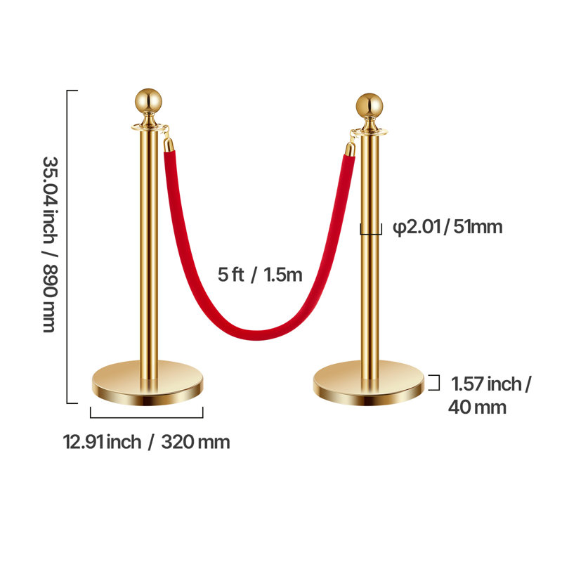 Stanchions and Velvet Ropes, Hollow Base with Stainless Steel Post, Red Velvet Ropes and Posts, Crowd Control Barriers Gold Stanchions, Red Carpet Runner Poles for Party Supplies
