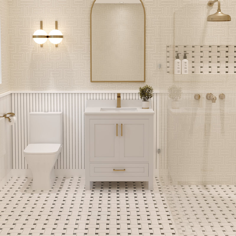 Meuble-lavabo simple 30 po avec plateau en quartz blanc Rooh, Blanc, Or brossé
