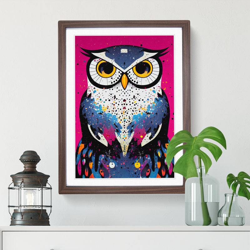 Paint Splashed Owl - Framed Print, 64cm H x 46cm W x 2cm D, Walnut