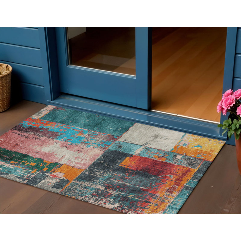 3' X 5' Teal Blue And Orange Abstract Washable Indoor Outdoor Area Rug