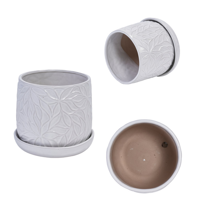 8 po, 6 po Ensemble de pots de fleurs ronds en céramique avec soucoupe de drainage (paquet de 2), motif de feuilles