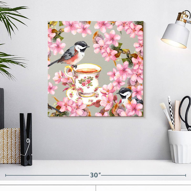 Ronce sur tasse à thé et fleurs roses, H 16 po x l 16 po