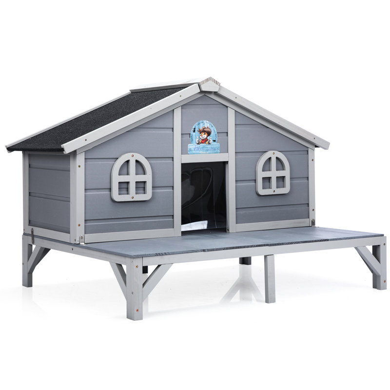 Maison pour chat toutes saisons en bois gris avec portes verrouillables et aire de jeu spacieuse, structure en pin massif, portes de rideaux confortables pour l'intérieur et l'extérieur, salon pour félins
