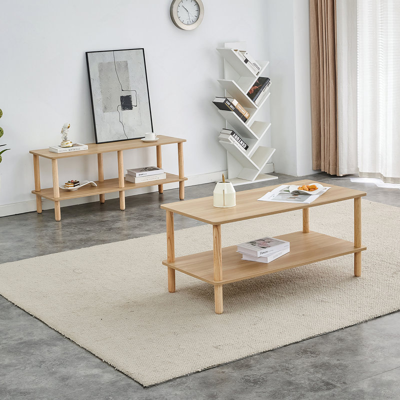 Modern 2-Tier TV Stand for Living Room Furniture,Rectangular Centre Table with Open Storage Shelf,Rounded Rubberwood legs,Stable and Durable,Easy Assembly