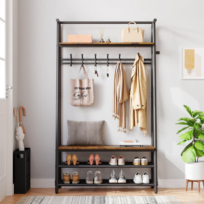 Coat Rack Shoe Bench, 4-in-1 Hall Trees Entryway Bench with Coat Rack and Shoe Rack, Wood Look Accent Furniture with Steel Frame Storage Shelf and Hanging Bar