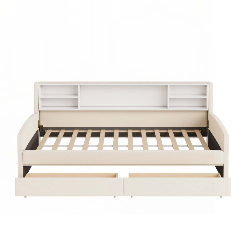 Upholstered Platform Bed with Storage, Beige