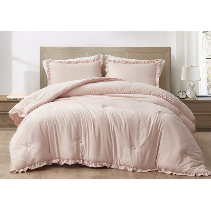 Nora Washed Microfiber Ruffled Comforter Set, White, Full Comforter + 2 Standard Shams