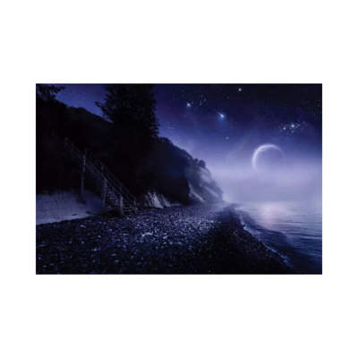 Rising Moon Over Ocean And Mountains Against Starry Sky by Evgeny Kuklev - Wrapped Canvas Photograph