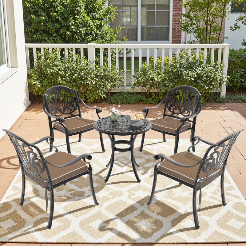 4-Person Round Outdoor Patio Dining Set with Brown Cushions, 4