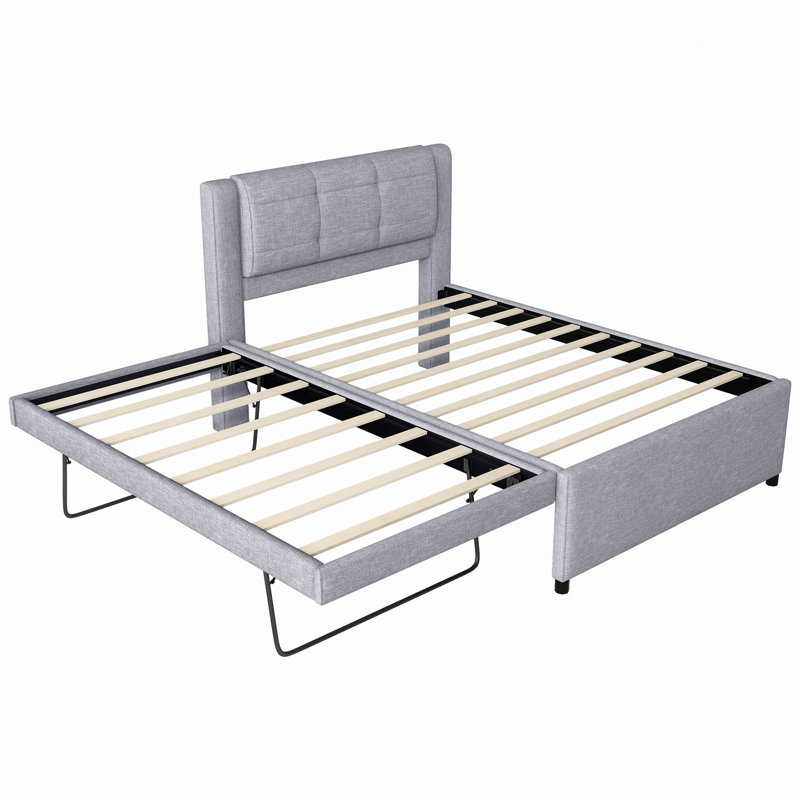 Lit plateforme tapissier avec lit gigogne, lit gigogne pouvant être plat ou érigé, Gris, Lit double