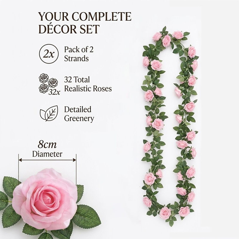 2 Pack Artificial Rose Garland Vine, Pink