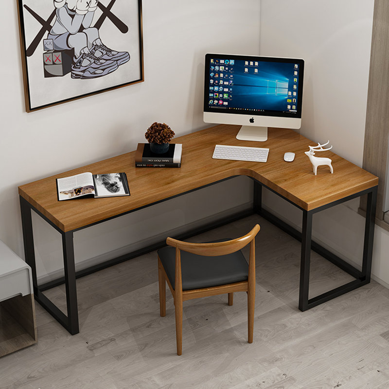 Solid Wood L-shaped Desk with Metal Base, 29.53" H x 70.87" W x 47.24" D