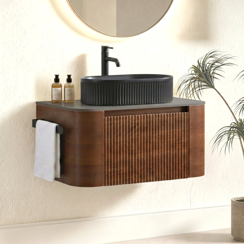 Meuble-lavabo de 30 po avec lavabo, armoire murale en noyer avec porte-serviettes gratuit, lavabo simple en céramique à rayures ovales noires, sans drain et robinet, pré-assemblé