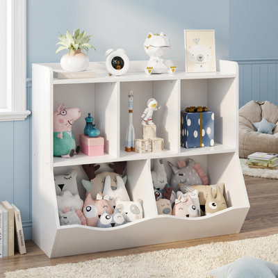 Organisateur de rangement pour jouets pour enfants avec 3 tablettes et 2 bacs inclinables à l'avant, bibliothèque pour chambre de bébé avec ensemble anti-basculement pour salle de jeux, assemblage facile, blanc