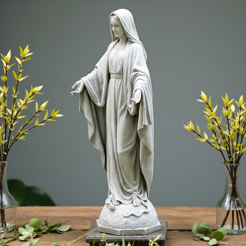 Statue de la Vierge Marie 24 pouces, sculpture de jardin en résine de pierre grise, décoration religieuse résistante aux intempéries