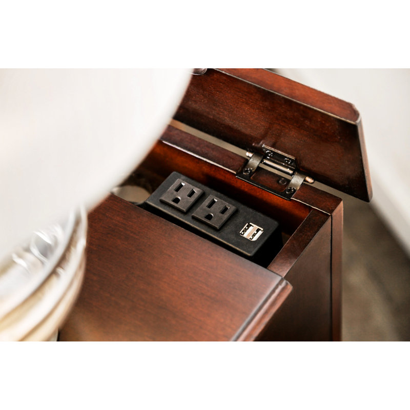 Table d'appoint en bois massif avec design transitionnel, finition cerisier, porte-gobelet coulissant, port intégré et armoire de rangement, prise de 24 po de hauteur, support