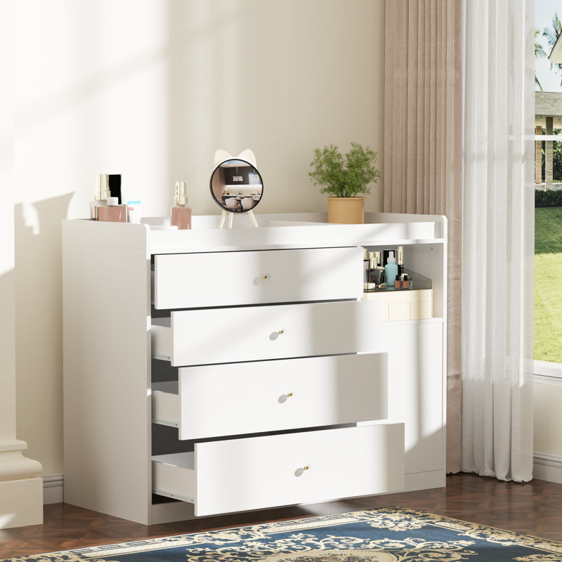 Commode 45,3 po pour chambre avec 4 tiroirs de rangement, petite commode, commode pour garde-robe avec plateau en bois, blanc
