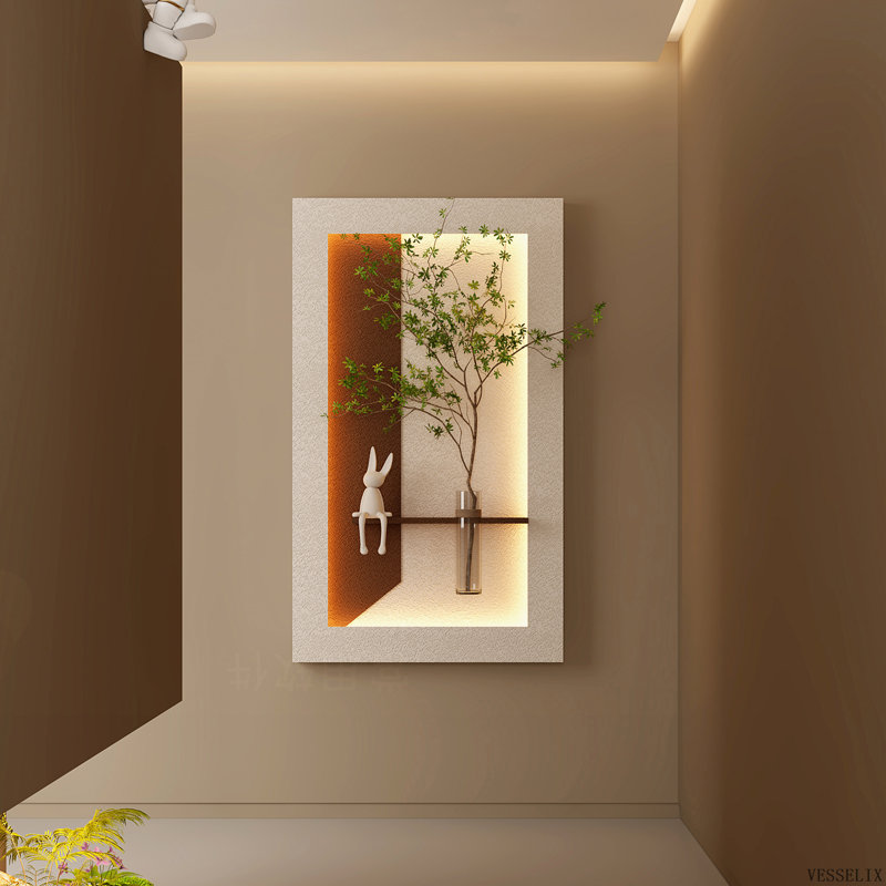 Décoration murale en grès avec éclairage DEL 3 couleurs réglable, plantes artificielles, vase en verre et statue de lapin