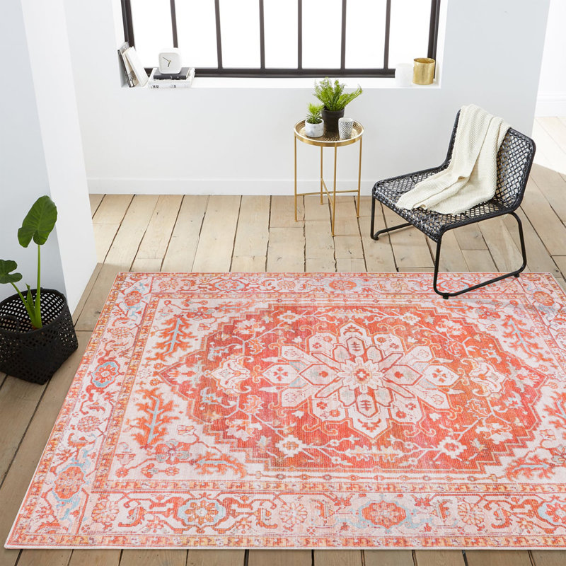 Lesak Ornate Medallion Machine-Washable Orange/Cream Rug, Rectangle 3'11" x 6'