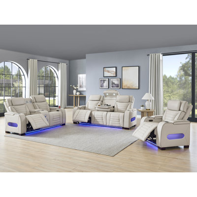 3 - Piece Power Reclining Breathable Leather Living Room Set With Blueooth Speeker And Drop Down Table (Set Of 3)