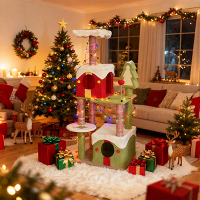 Arbre à chat de 54 pouces de haut à plusieurs niveaux - condos spacieux, poteaux à griffes et conception festive