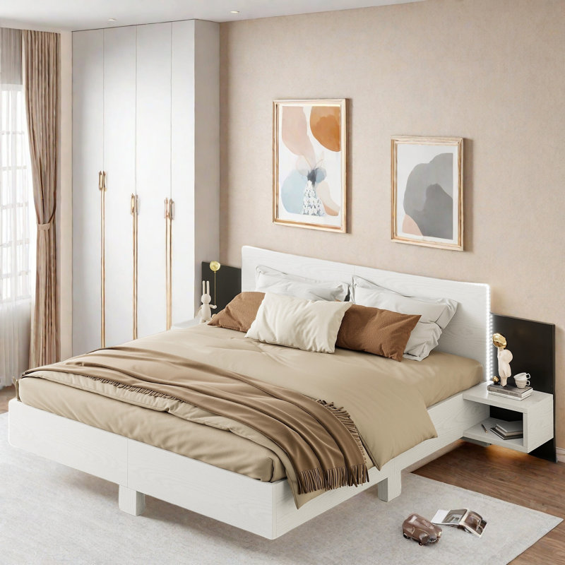 Wooden Floating Platform Bed With Led Lights And Built-in Nightstands, White