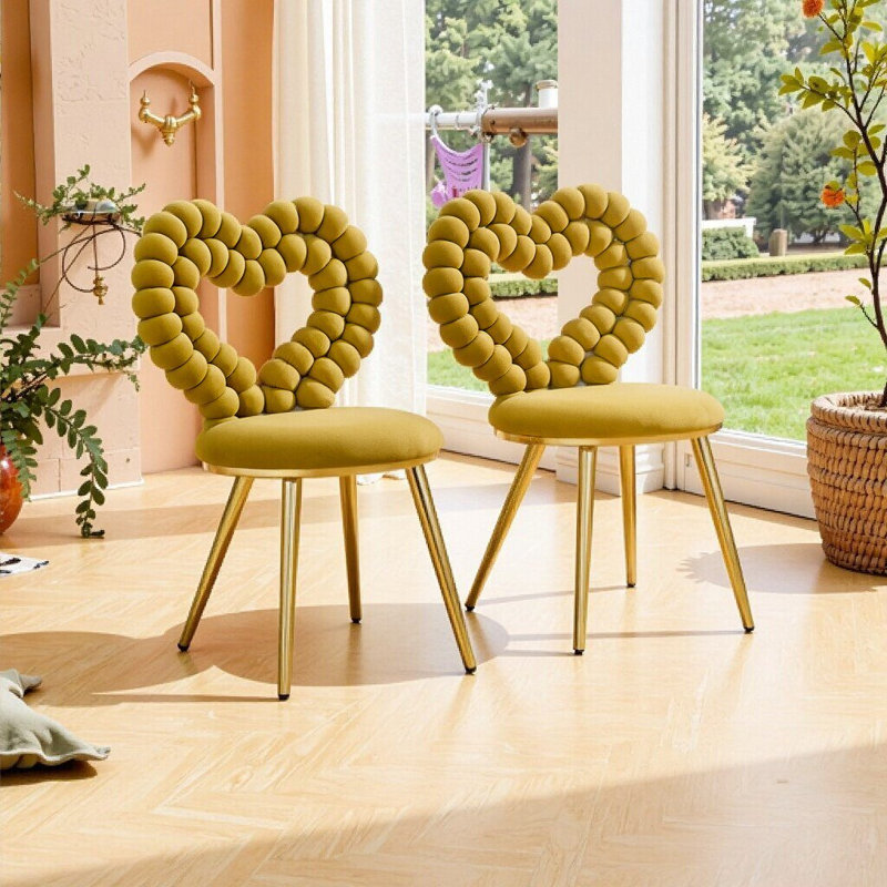 Ensemble de 2 fauteuils d'appoint en velours capitonné en forme de cœur avec cadre en métal doré pour le salon, Doré, jaune