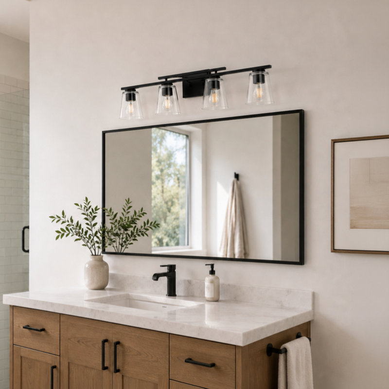 Éclairage de salle de bain noir mat Sedona, verre transparent, acier, à intensité variable, compatible avec DEL, fixation réversible