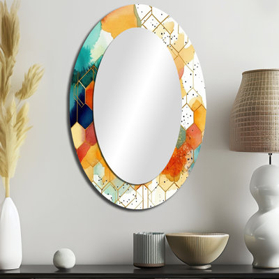 Coloré Hexagone I - Grand miroir mural ovale sur métal