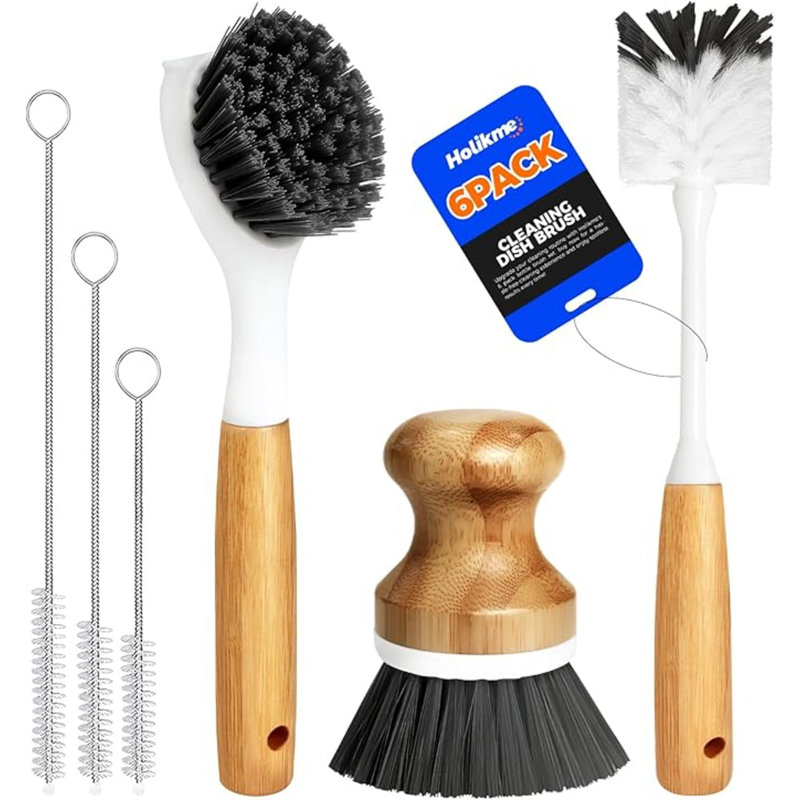 Paquet de 6 brosses de cuisine avec brosse pour bouteilles, brosse à vaisselle, brosse à palmier et brosse à paille, brosses de nettoyage pour fruits et légumes, poignée longue pour poêle à poêle en fonte, gris foncé