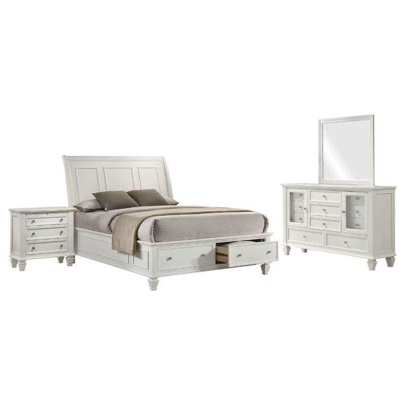 Ensemble de grand lit 4 pièces avec pied de lit, panneau blanc et commode Lila Lila, Blanc crème, Grand