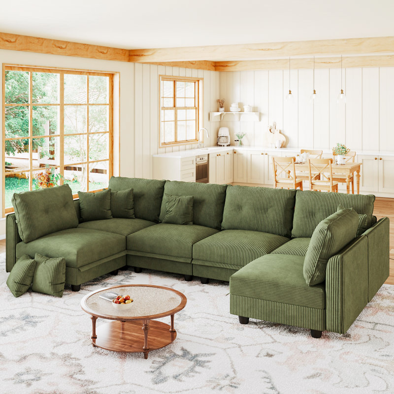 6 Seat Corduroy Convertible Modular Sectional Sofa With Storage, 4 Back Cushion 6 Throw Pillow, Green Corduroy
