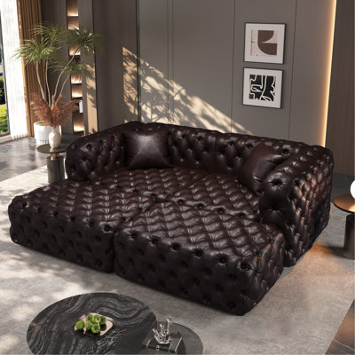 77" Modern Sofa Set, Faux Leather Upholstered Modular 2-Seater Sectional Couch with Pure Handmade Button Tufted Design, 2 Ottoman & 2 Pillows, Multi C