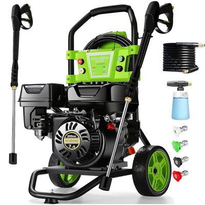 Laveuse à pression 4200 PSI, laveuse à pression résidentielle 2,4 GPM, 208 CC, 7,0 CV, eau froide, boyau de 25 pi, machine propre, réservoir de savon à bord, pistolet et baguette, ensemble de 4 buses, pour voitures / clôtures / allées / maisons / patios / Meubles
