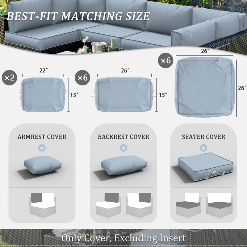 Cartert 14 Pcs Outdoor Cushion Cover Set For 4" Outdoor Cushions Patio Furniture Cushion Covers, Covers Only, Light Blue