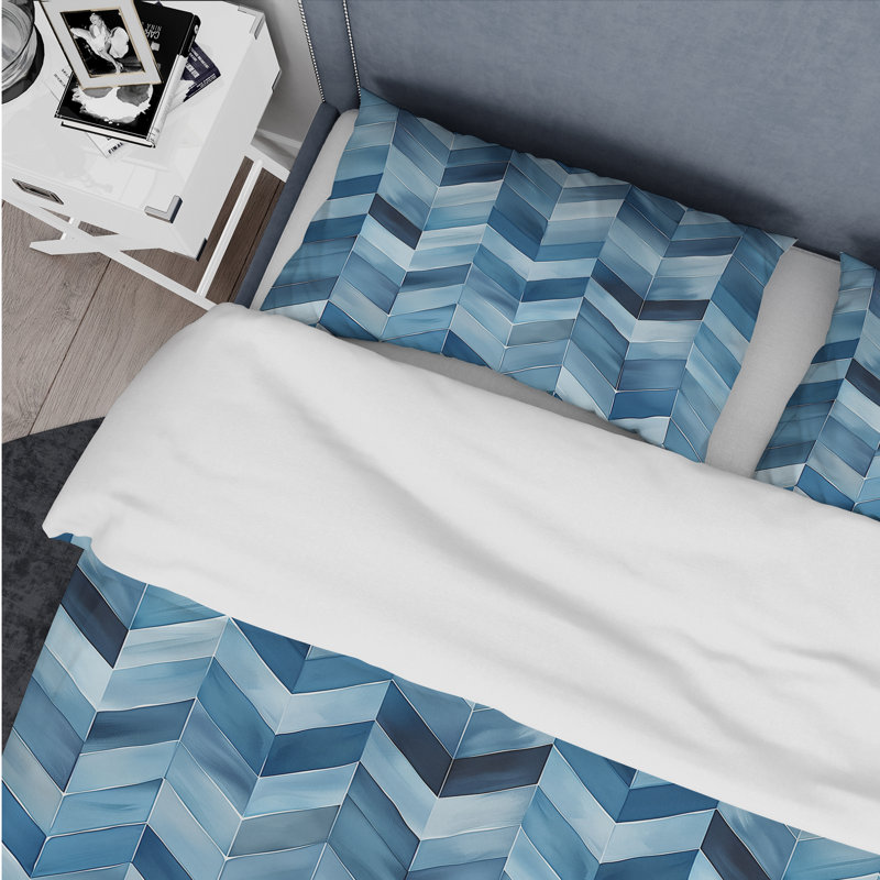 White Blue Herringbone Pattern Glam - Modern Duvet Cover Set, Queen Duvet Cover + 2 Standard Shams