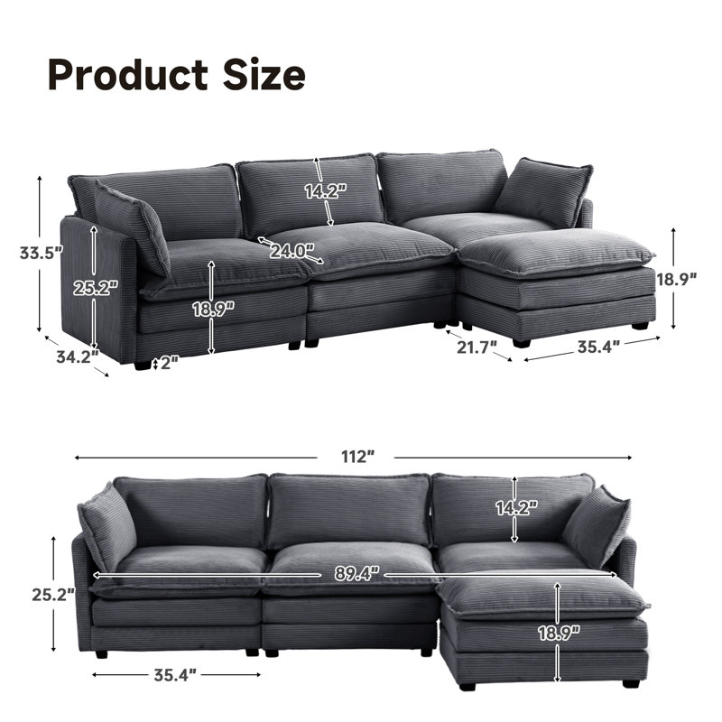 Redenius 4-Piece 112'' Upholstered L-Shape Sectional, Dark Gray Corduroy