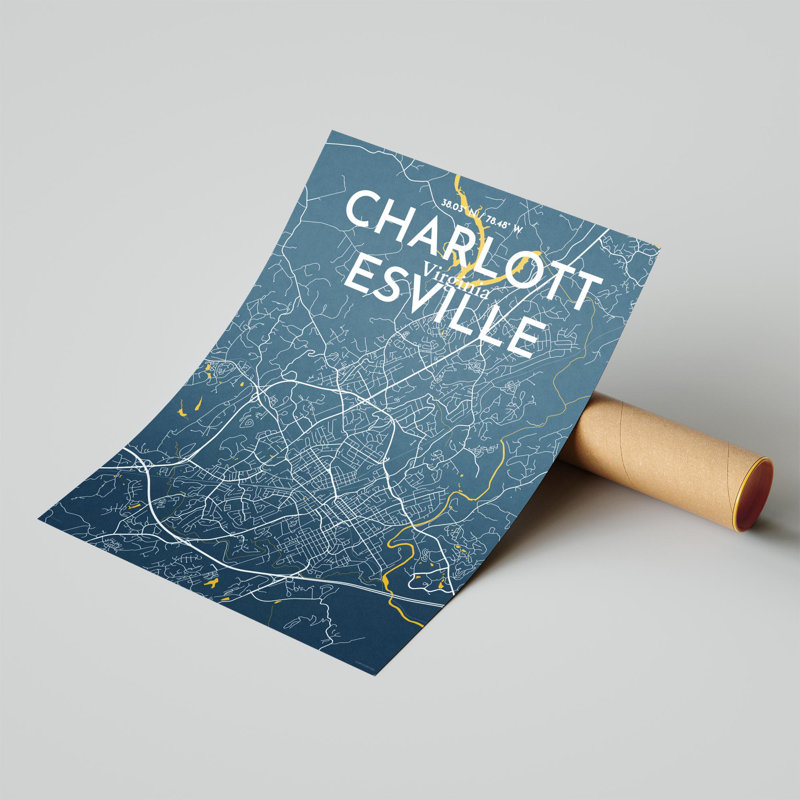 Charlottesville, carte de la ville, impression graphique, H 24 po x l 18 po x P 0,05 po, Bleu / Jaune