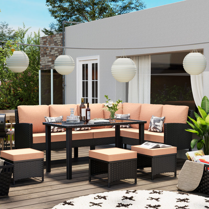 7-Piece Patio Furniture Set, Outdoor Couch With Coffee Table & Ottomans, PE Rattan Sofa Set With Cushions For Deck, Yard, Poolside