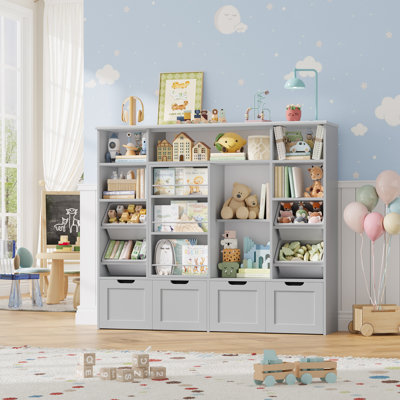 55.1"W Standard Bookcase With Sliding Bookshelf, 47.4"H Bookshelves With 4 Removable Drawers And Plastic Bins For Kids Room, Playroom, Kindergarten, Gray