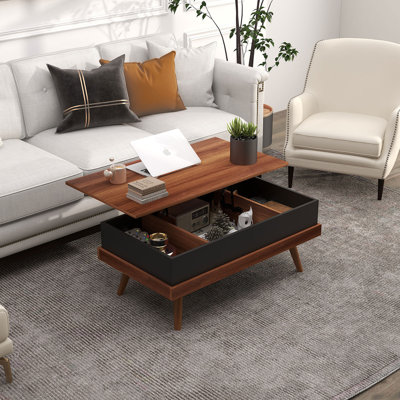 Table basse à plateau relevable, table basse 39,25 po avec compartiments cachés et pieds en bois