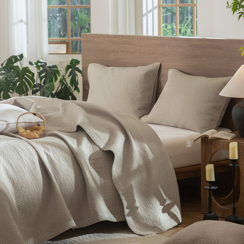 MooMee Lightweight Quilt Set 100% Washed Cotton Linen-Like Stripe Stitch Breathable All-season , Tannish Linen Gray