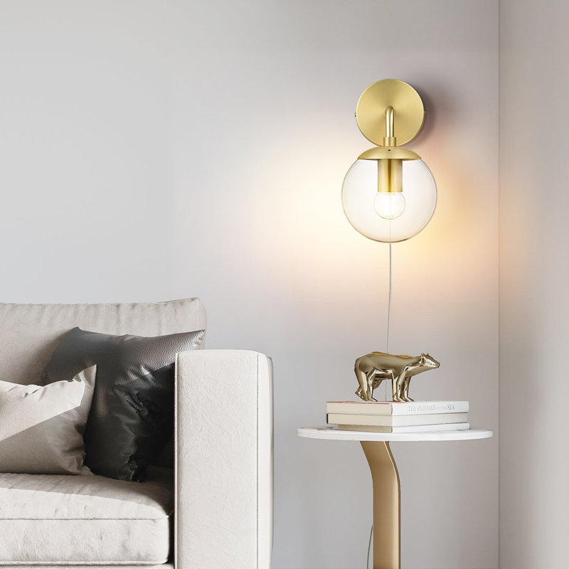Beuthel Plug-in Armed Sconce, Brushed Brass, Clear