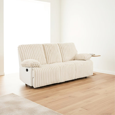 Canapé inclinable manuel 3 places beige en velours côtelé, idéal pour le cinéma maison et les petits espaces, avec porte-gobelets dissimulés en tissu ultra doux beige, parfait pour les appartements et les véhicules récréatifs, et doté d'une assise large et haute résilience.