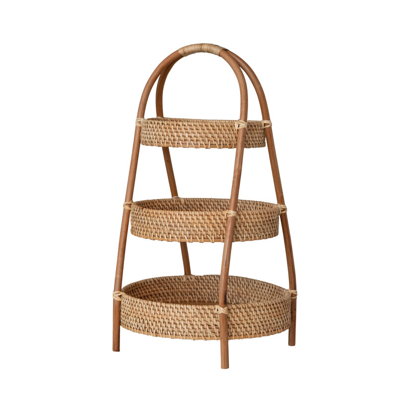 Natural Rattan & Bamboo Three-Tier Tray with Rustic Handle