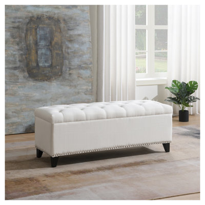Banc de rangement avec repose-pieds 47,5 "en lin beige capitonné avec charnière de sécurité - Repose-pieds pour le salon, l'entrée, la chambre à coucher - Supporte 500 lb