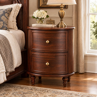Round 2-Drawer Nightstand Set of 2 with Built-in USB & Outlet Charging Station, Wood Veneer Night Stand with Gold Knobs, Farmhouse End Side Table for Bedroom