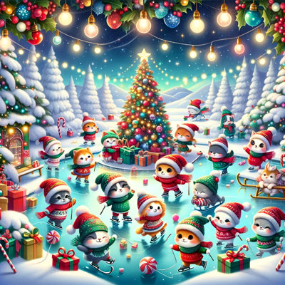 Arbre de Noël et joyeux patineurs - impression sur toile tendue