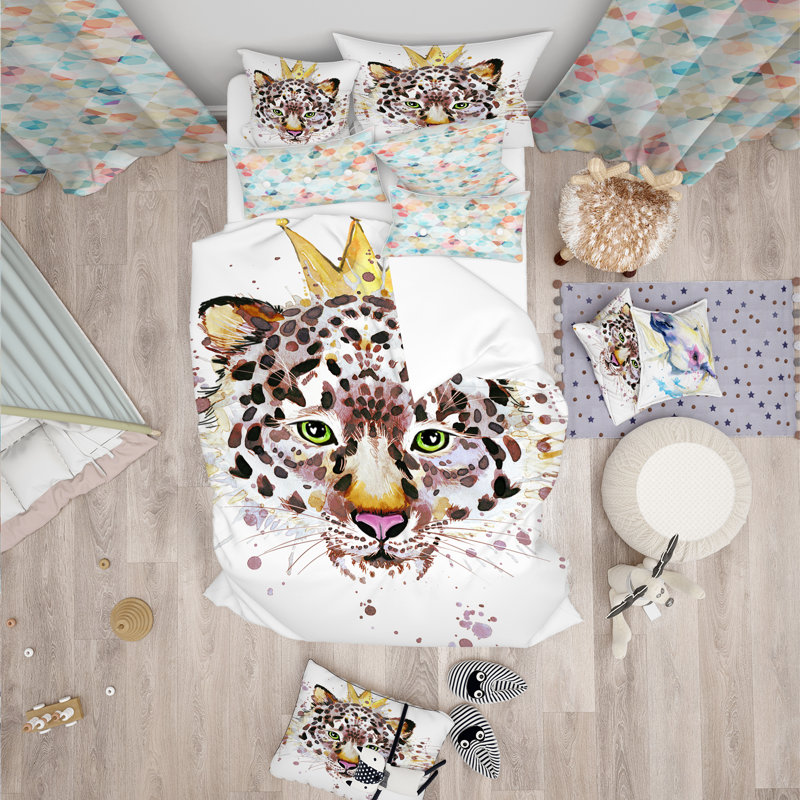 Leopard Head with Golden Crown - Animal Duvet Cover Set - Microfiber Polyester, Twin Duvet Cover + 1 Sham