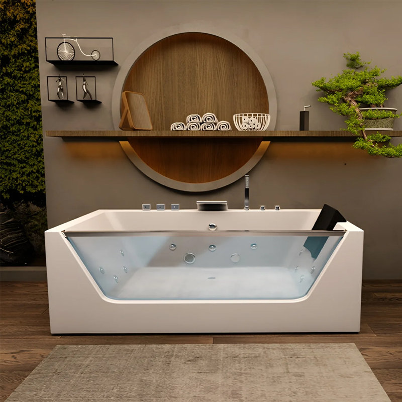 60" White Acrylic Freestanding Whirlpool Bathtub with Jets and Center Drain